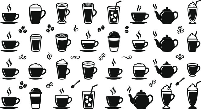 Minimal coffee and tea beverage icon collection featuring espresso cappuccino takeaway cups iced drinks and cafe elements in modern flat vector style.