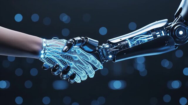 Human and robot hands shaking highlighting artificial intelligence and digital evolution