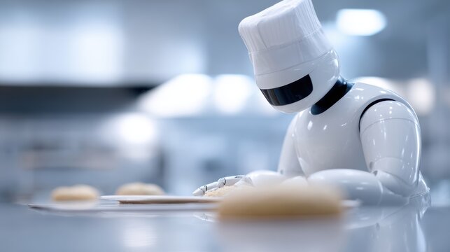 Humanoid robot helping baker decorate cake in bakery kitchen