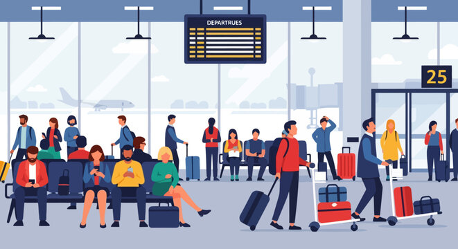 Diverse group of travelers with luggage waiting in a modern airport terminal near departure gates and large windows overlooking an airplane.