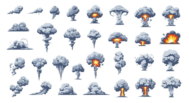 Diverse collection of pixel art explosion effects and smoke clouds showing different stages of a blast or fire.