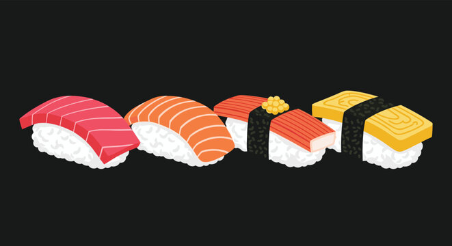 Delicious selection of different types of Japanese sushi including tuna, salmon, and egg nigiri on black.