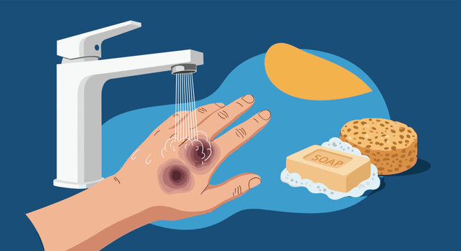 Human hand with visible burn wounds being washed under running water from a faucet as a first aid procedure with soap and sponge.