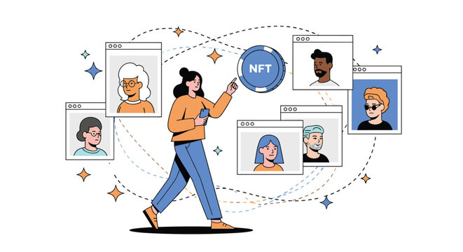 Person interacting with a digital interface showcasing various NFT profile pictures and avatars connected by a complex network of stars.