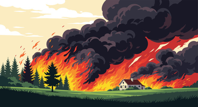 Catastrophic forest fire with massive plumes of black smoke and bright orange flames approaching a small residential house in the distance.