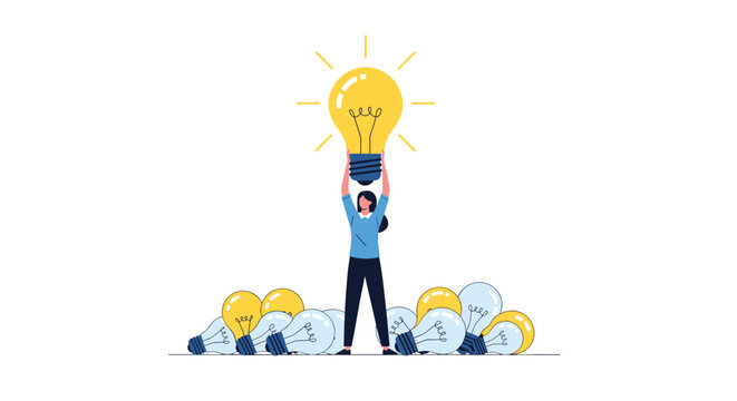 Determined woman lifting a giant glowing light bulb above her head while standing over a pile of inactive bulbs to symbolize a great idea.