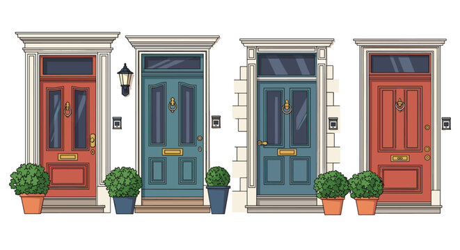 Row of traditional colorful front doors of townhouses featuring polished knockers, doorbells, and symmetrical potted green plants.