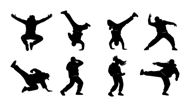Dynamic Breakdance Silhouettes, Hip Hop Dance Poses, Urban Street Style Movement, Athletic Action Figures Vector Set