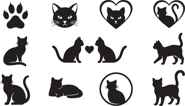 Black Cat Silhouettes, Feline Icons, Pet Symbols, Vector Set isolated PNG with Transparent Background
