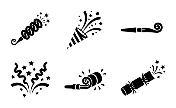 Party Popper Icons, Confetti Streamers, Celebration Noise Makers, Festive Event Symbols, Vector Graphics for Holidays and Fun