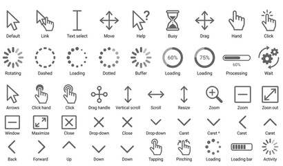 Fototapeta premium Modern mouse pointer and loading outline icons vector collection for UI UX and digital interaction