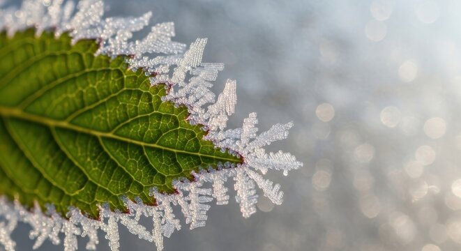 Intricate frost patterns form delicate ice crystals on the edge of a vibrant green leaf in winter