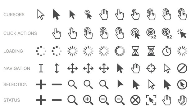 Professional cursor click and loading vector icons with gray mouse pointers for web and software design