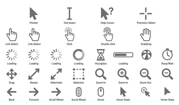 Gray mouse cursor and loading icon vector set with clicking hand pointers for web and app interface design