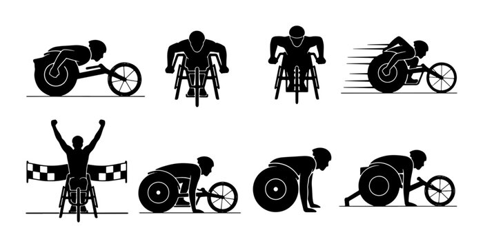 Wheelchair Racing Icons Set, Paralympic Athlete Silhouettes, Adaptive Sports Vector Graphics, Competition and Victory Illustrations