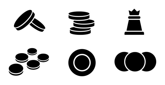 Monochrome Icons: Stacked Coins, Chess Piece, and Circular Tokens, Vector Graphics for Finance, Strategy, and Gaming Concepts