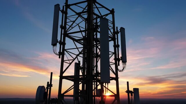 Cell tower at sunset emphasizing environmental sustainability and eco-tourism