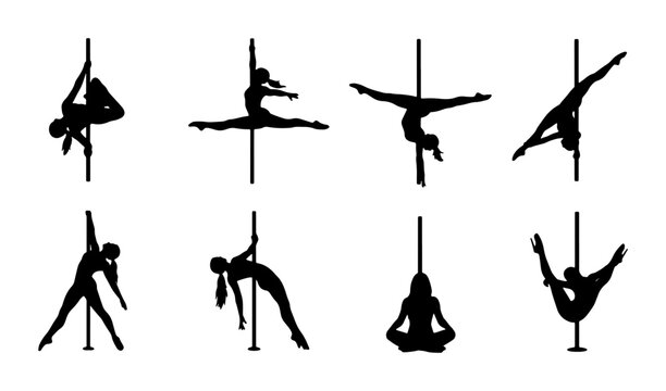 Pole Dance Silhouettes, Athletic Poses Set, Fitness Acrobatics, Graceful Movement Collection