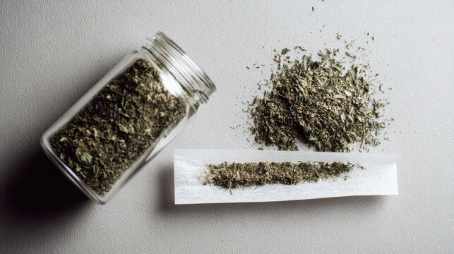 Dried Cannabis Buds and Rolled Joint on Grey Background