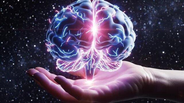 Hand holding glowing brain in space ideal for tech startups and software promos