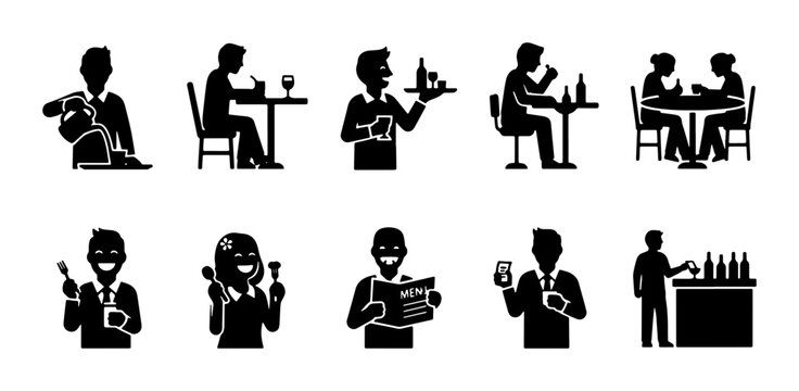 Restaurant Service Icons, Bar Staff and Dining People Silhouettes, 10 Vector Elements for Hospitality and Food Service