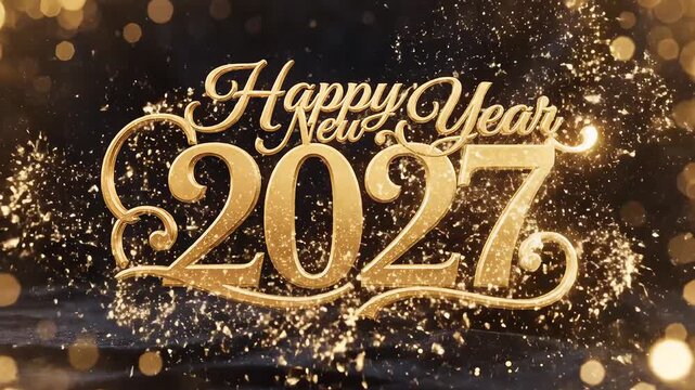 Golden Happy New Year 2027 text highlighting geometric patterns and contemporary art