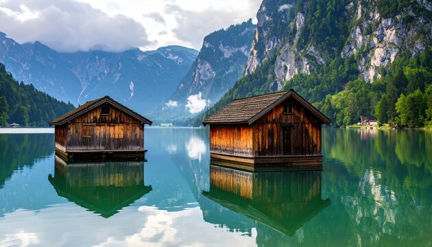 Two charming wooden boathouses float peacefully on a crystal-clear mountain lake, reflecting the majestic peaks and cloudy sky, creating a serene alpine landscape