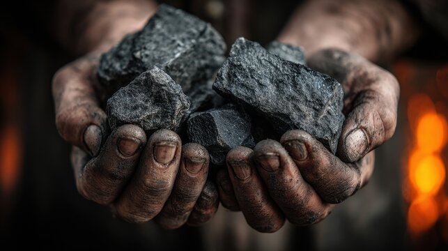 Close up of dirty hands holding lumps of raw coal with glowing furnace background