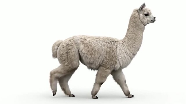 A fluffy white llama walking with its head held high on a white background
