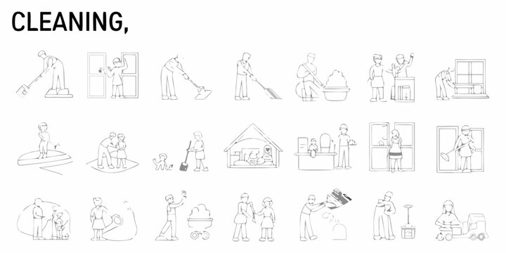 Cleaning line art collection various household chores and services