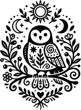 Celestial Folk Art Owl Illustration
