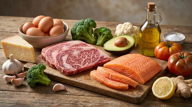 Variety of fresh raw keto and paleo diet foods on a rustic wooden table