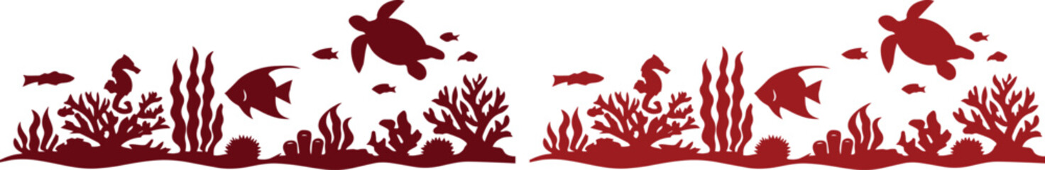Underwater coral reef vector illustration, vibrant marine life with sea turtle, seahorse, and fish silhouettes, ocean ecosystem graphic for nature and aquatic themes © Farzana