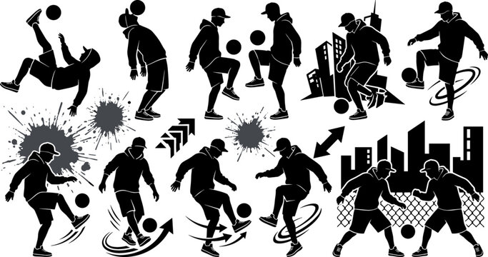 Street soccer player silhouette collection featuring freestyle football dribbling tricks urban sports action and dynamic athlete poses in black vector style.