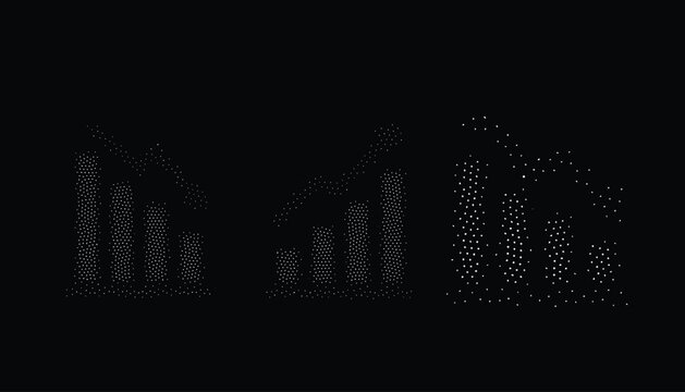 Financial data graphs with halftone effect, vector illustration on black background, white dots forming shapes.