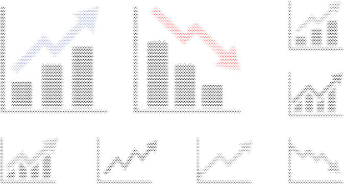 Business growth and decline charts, vector graphics with halftone effect, red and blue arrows on transparent background.