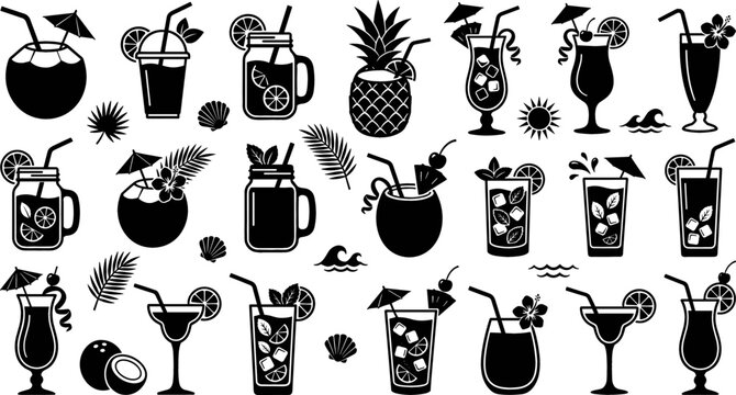 Tropical cocktail and summer drink silhouette collection featuring coconut beverages smoothies mocktails and exotic party refreshment icons in black vector style.