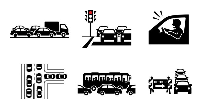 6 Traffic Jam icons featuring car congestion, bus, detour and road signals, outline solid styles, UI and web interface design
