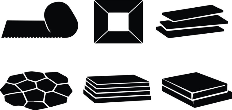 Material layers and textures vector icon set, black and white graphic elements for construction and engineering, abstract shapes for industrial design and architecture projects