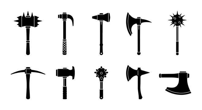 Medieval Weapons Collection, Black Silhouette Icons of Axes, Maces, and Hammers, Historical Battle Gear Vector Set for Gaming and Fantasy Design