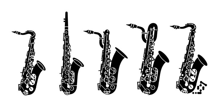 Vector Saxophone Collection, Jazz Music Instruments Set, Silhouette Brass Wind Instruments for Music Design and Performance Themes