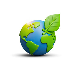 Obraz premium A 3D globe with blue and green colors, featuring a leaf on top. The globe has a glossy, reflective surface and a png transparent.