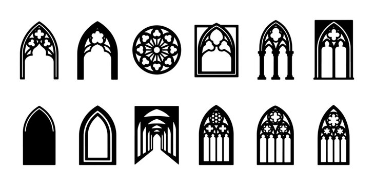 Gothic Window Vector Icons, Medieval Architectural Elements, Ornate Arches, Rose Window Designs, Set of 12 Black Silhouettes for Historical Building Graphics