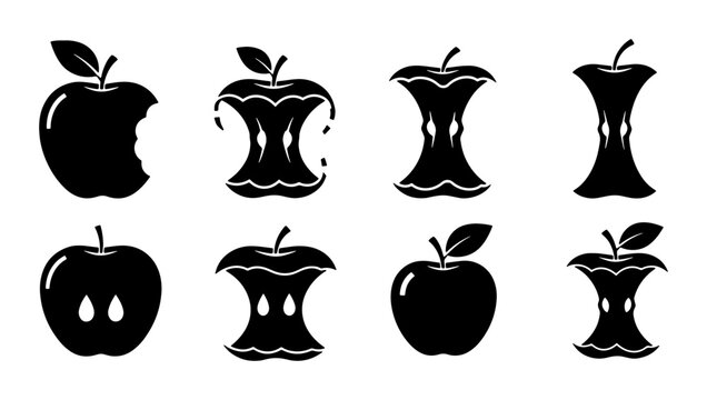 Apple Core and Whole Apple Icons, Vector Set: Bite Marks, Juice Drips, Black Silhouettes for Food and Health Concepts
