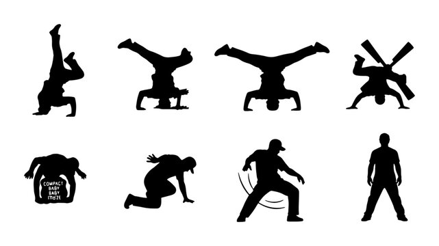 Breakdance Silhouette Icons, Dynamic Bboy Poses Vector Set, Urban Hip Hop Dance Moves Collection, Athletic Action Figures Graphic Elements