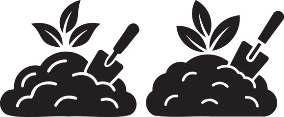 Gardening scene with shovel and plants, nature icons, black and white. © FF
