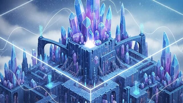 A glowing crystal fortress floats within a digital frame above the clouds