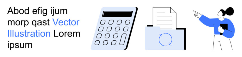 Business, education, accounting, workflow, finance, productivity. A calculator, a document with recycling arrows and a professional pointing. Business and education concept for workflow © robu_s