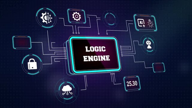 Complex logic engine interface showing automated digital processing and artificial intelligence icons perfect for computer programming ads and software engineering videos