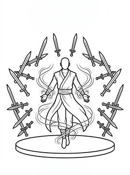Zen warrior monk meditating niche trend Zen warrior monk meditating with telekinetic power, controlling an orbit of levitating swords Fantasy character line art for a TTRPG, tattoo, or coloring book